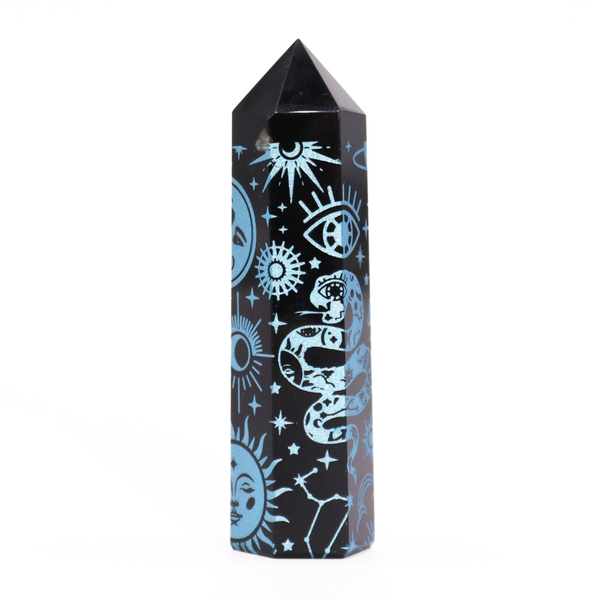 Pointe d'obsidienne noire 9 cm - Histoire mystique - Bleu ciel