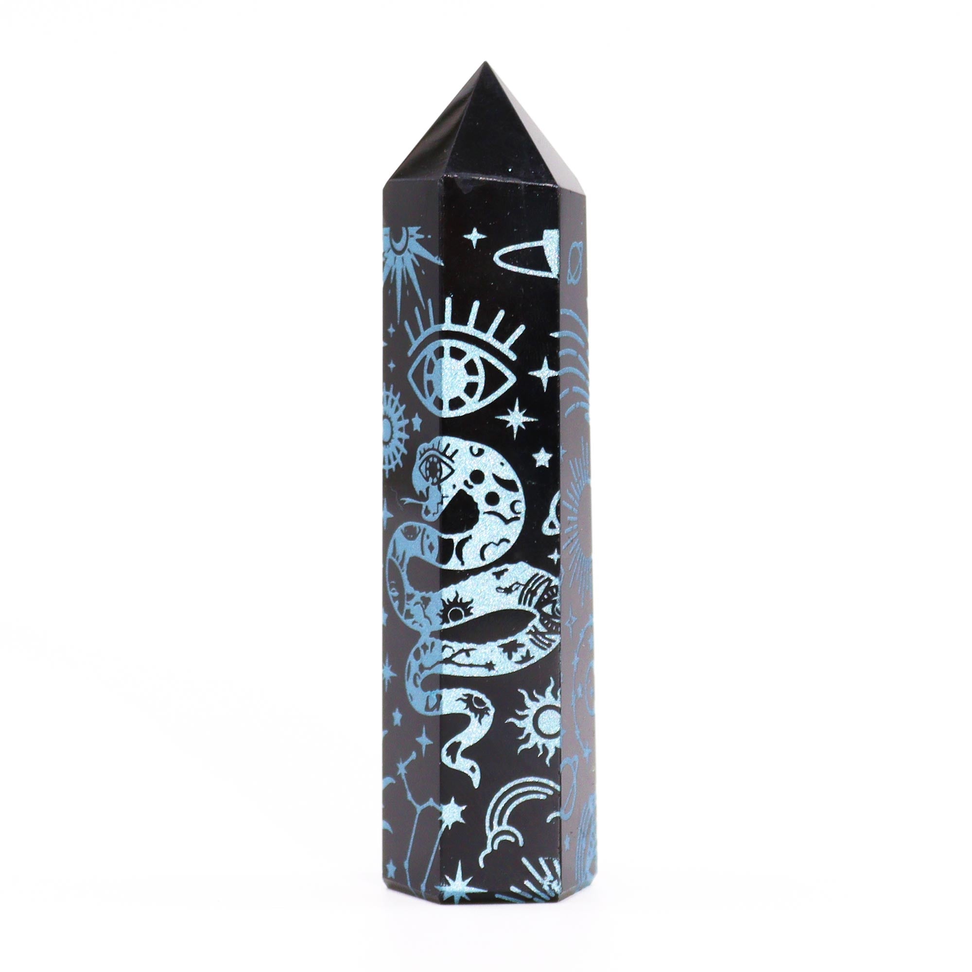 Pointe d'obsidienne noire 9 cm - Histoire mystique - Bleu ciel