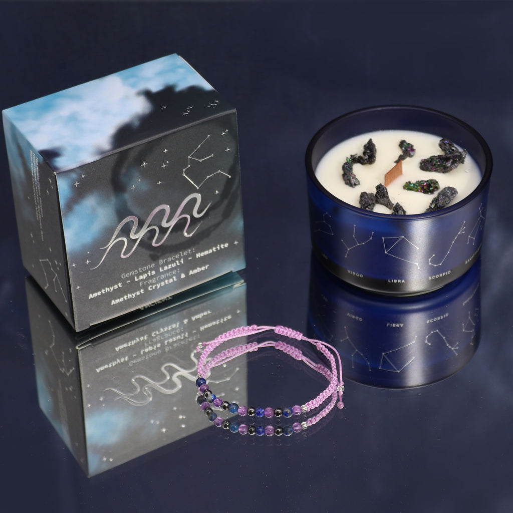 Bougie de cristal du zodiaque avec bracelet pierres précieuses - Verseau