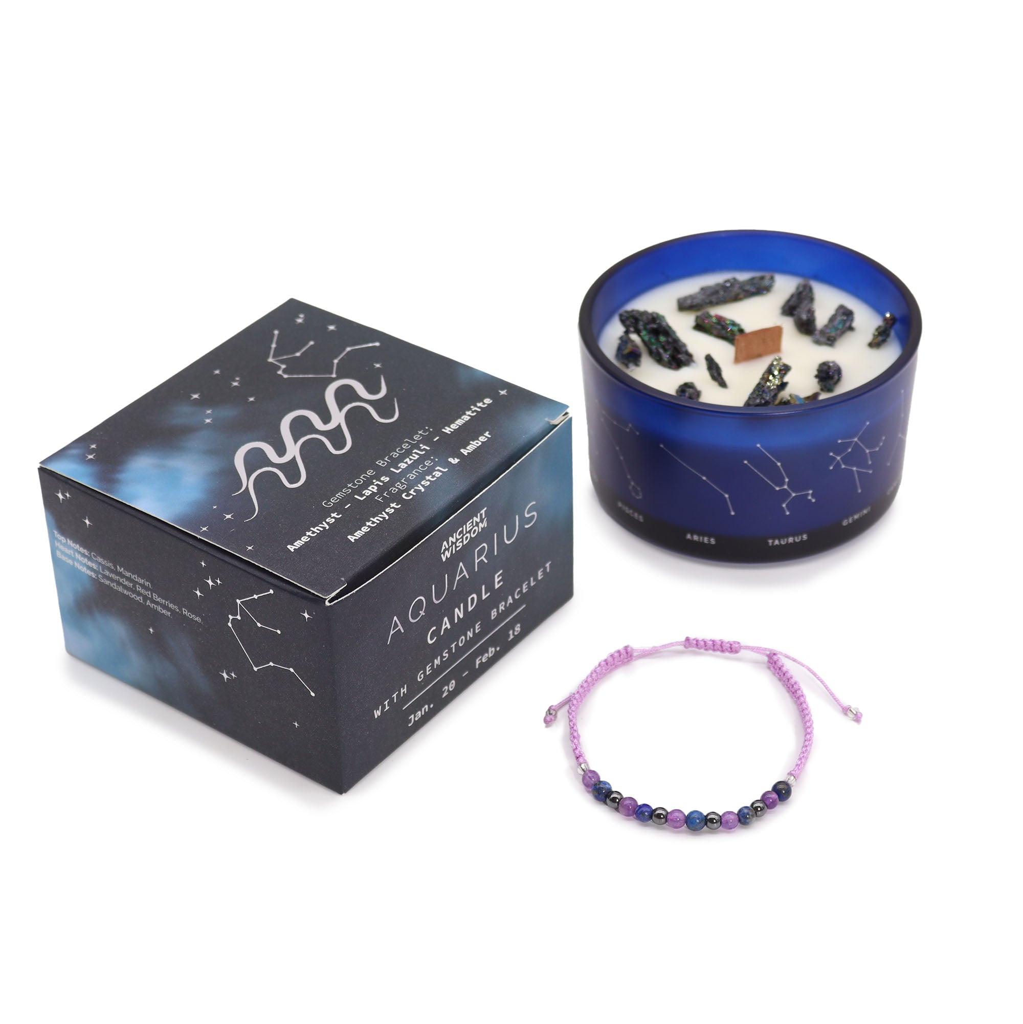 Bougie de cristal du zodiaque avec bracelet pierres précieuses - Verseau