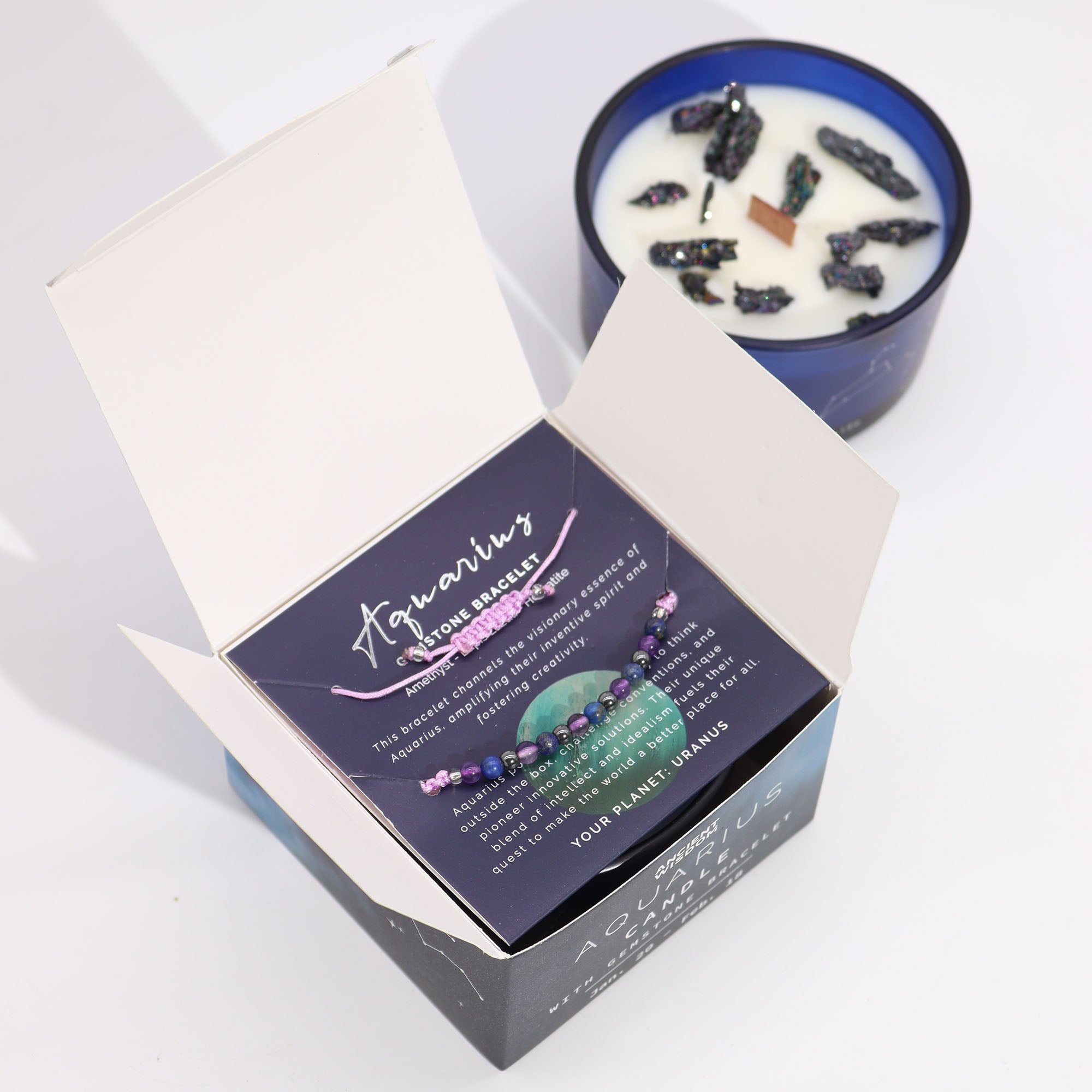 Bougie de cristal du zodiaque avec bracelet pierres précieuses - Verseau