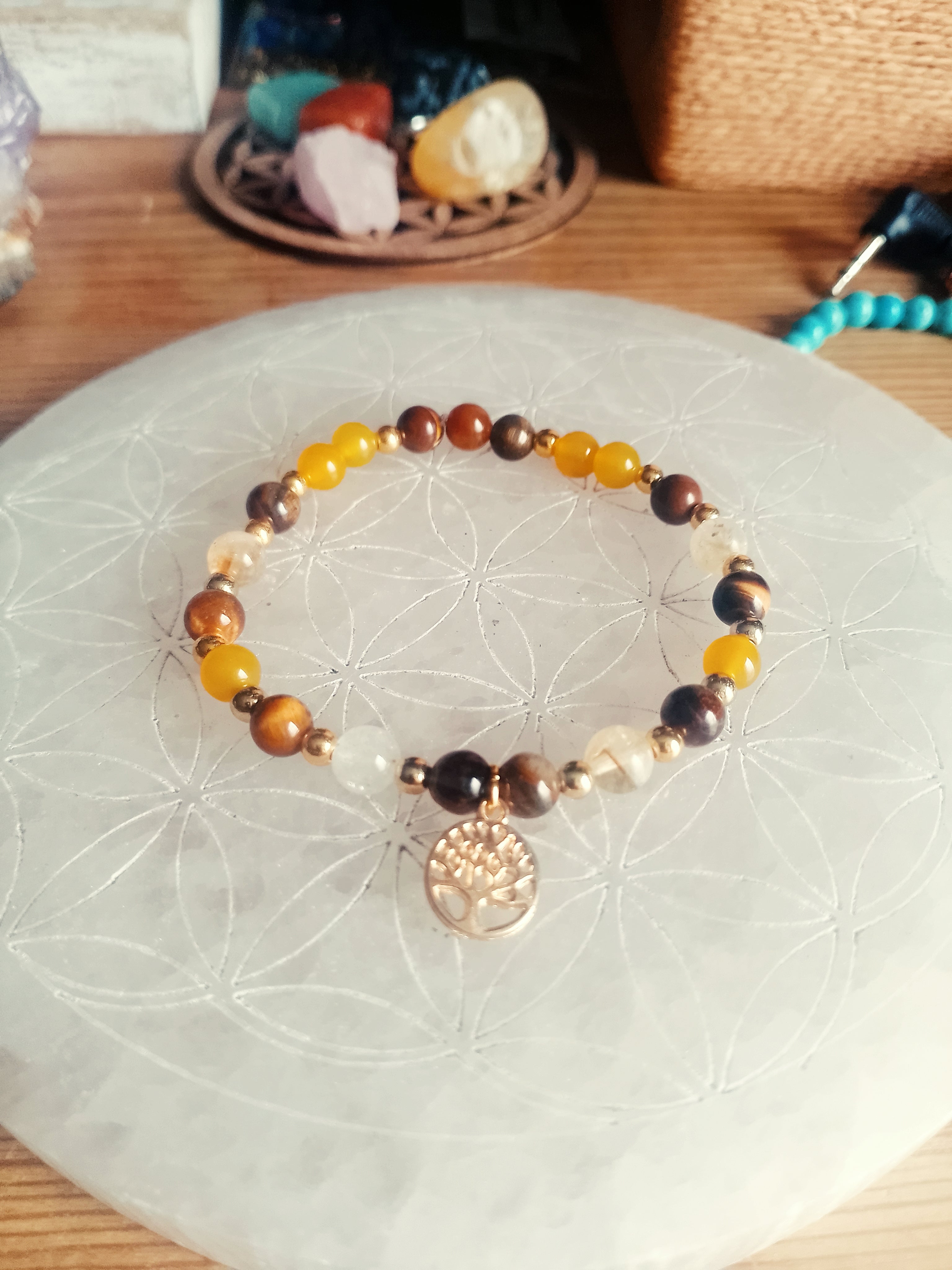 Bracelet Soleil Ancestral - Oeil de tigre, citrine & agate jaune